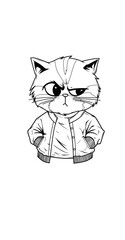 Obraz premium A bold black and white illustration of an angry-looking cat wearing a jacket, showing attitude and confidence. Perfect for cat lovers who enjoy edgy, streetwear-style designs with a touch of humor. 