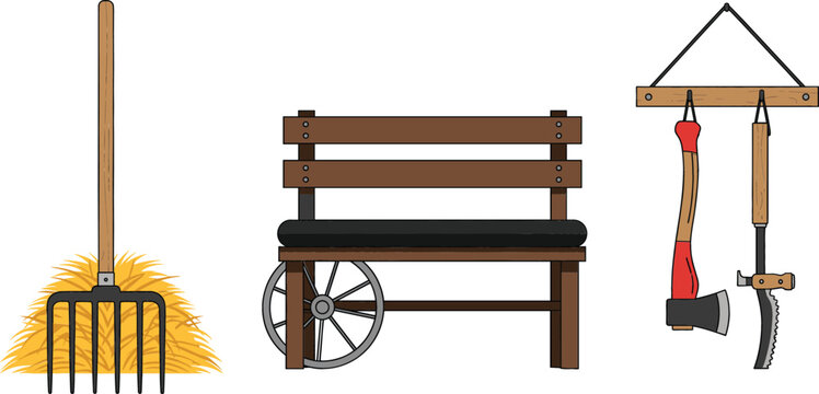 Rustic farm and garden equipment vector set featuring a pitchfork with hay bale wooden bench with wagon wheel and hanging axe with hand saw tools.