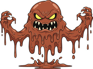 Scary brown slime monster vector illustration with dripping mud texture sharp teeth and glowing yellow eyes for horror games and spooky halloween character design. © mstLilima
