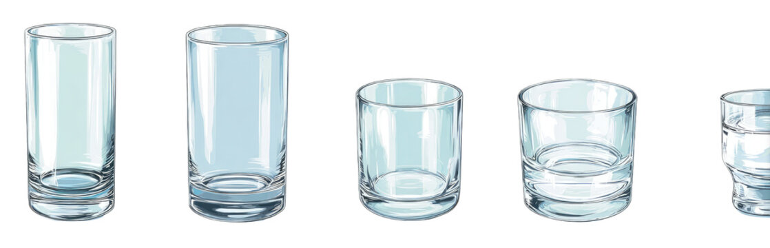 Empty drinking glasses of varying sizes