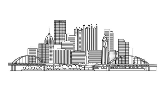 Detailed Pittsburgh Bridge and Cityscape Line Art