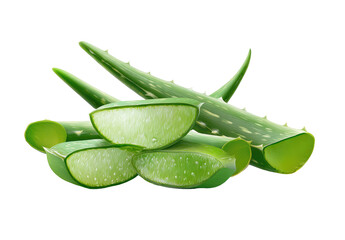 Fresh aloe vera plant stems and slices. Vivid green aloe vera plant, cut to display slices,  with a bright, clean, detailed look, isolated on a black background