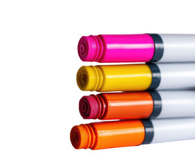 Close-up of colorful marker tips stacked vertically.  Bright vibrant markers in pink, yellow, magenta, orange, and red hues.  White barrel markers.  Dark background