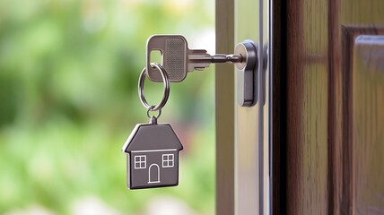 Key ring with house charm in door lock