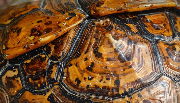 Macro shot of a turtle's shell, showcasing the intricate patterns and textures. The carapace reveals a mosaic of colors
