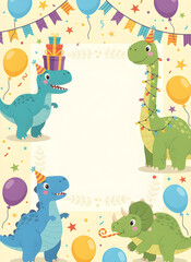 Naklejka premium Cute Cartoon Dinosaur Birthday Invitation Frame with Colorful Balloons and Party Bunting.