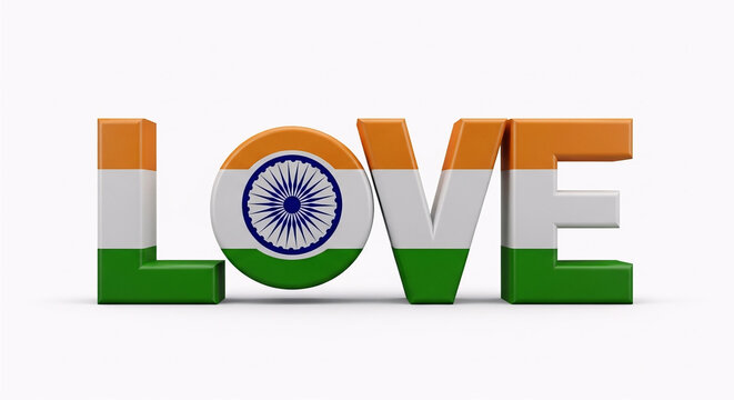 Warna-warna cerah bendera India membentuk tulisan LOVE di atas latar belakang putih.