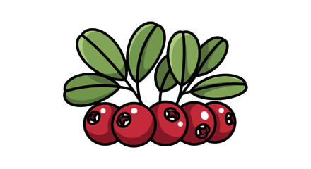 Obraz premium A cluster of ripe red cranberries with green leaves on a.