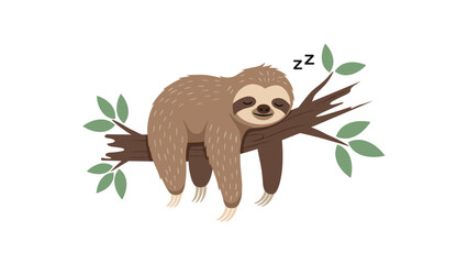 Obraz premium Lazy sloth sleeping comfortably on a tree branch with green leaves and a small zzz sign on a white background vector.