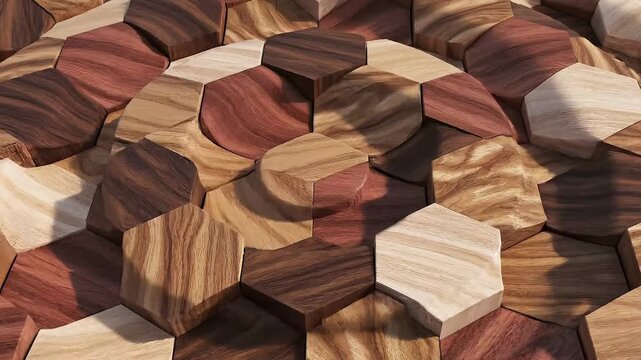 A top-down 3D animation wooden blocks in a rhythmic, hypnotic pattern. 