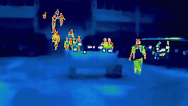 The end of the city tour. People disembark from the sightseeing cart and walk up the stairs.. Image from thermal imager device.