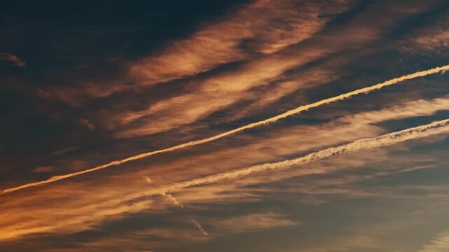 The sky is blue with white clouds and chemtrails at vibrant sunset