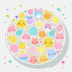 Vector sticker pack with cute doodles, pastel colors, thick white sticker border