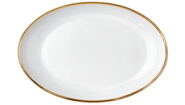 Empty oval white plate with gold rim