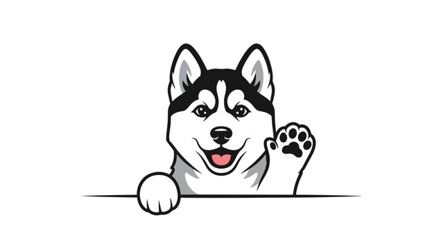 Friendly Siberian husky dog peeking over a white border and waving its paw with a happy and excited expression.