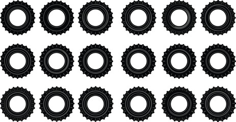 Black off road tire set heavy duty vehicle wheel silhouettes isolated on white background industrial vector illustration © Motakabir