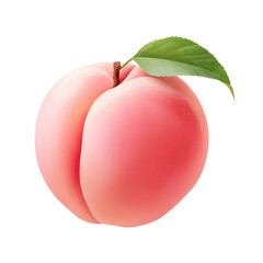 A whole, vibrant pink peach with a leaf.  Detailed, realistic depiction of fruit