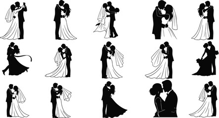 Obraz premium Wedding couple silhouette icon set, romantic pose, bride groom, love moment, marriage celebration, vector illustration, black pictogram, ceremony