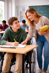 Fototapeta premium Teacher assisting student in wheelchair in classroom