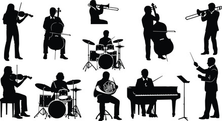 Orchestra and band musician icon set, violin, cello, trombone, piano, conductor, drum set, music performance, vector illustration, black pictogram © MDMAHOMUDUL