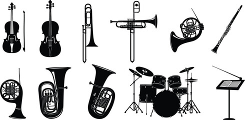 Musical instrument silhouette icon set, orchestra tools, violin, cello, trumpet, drum set, music stand, vector illustration, black pictogram © MDMAHOMUDUL