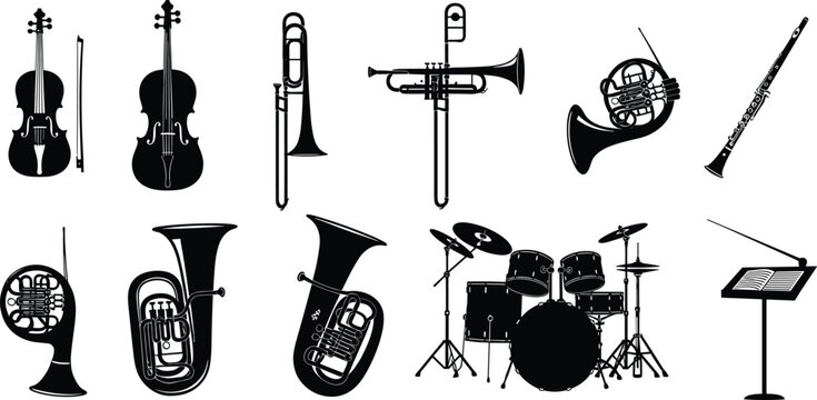 Musical instrument silhouette icon set, orchestra tools, violin, cello, trumpet, drum set, music stand, vector illustration, black pictogram