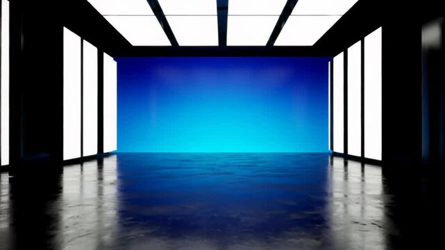 Wide video of a pristine, minimalist studio with a seamless azure to indigo gradient background and reflective black floor, a soft spotlight, slow dolly push-in. Concept of innovation and modernity