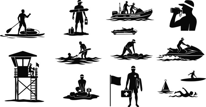 Lifeguard and water rescue icon set, beach safety, CPR, jet ski, rescue tube, swimmer, vector illustration, black pictogram, emergency response