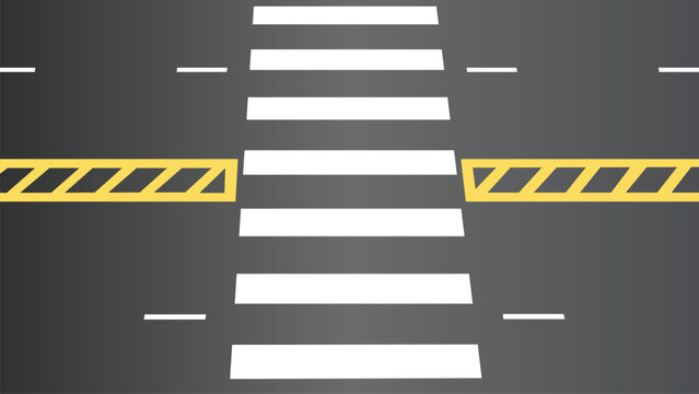 Asphalt road with pedestrian crosswalk lines. Top view of pedestrian zebra crossing, safety walk signs. White and yellow line marks on black asphalt of city lane, road or highway, vector illustration