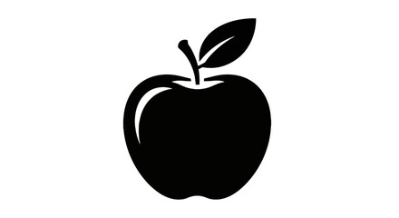 A simple black silhouette of an apple with a stem and leaf.