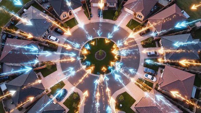 Aerial drone view of a suburban cul-de-sac with glowing arrows indicating data flow or connectivity.