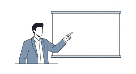 Man in suit pointing at blank presentation screen for business meeting.