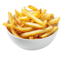 Crispy golden french fries in a white bowl