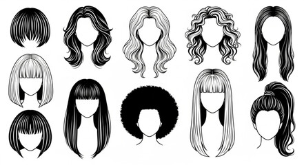 Collection of diverse hairstyles for women in black and white illustration.