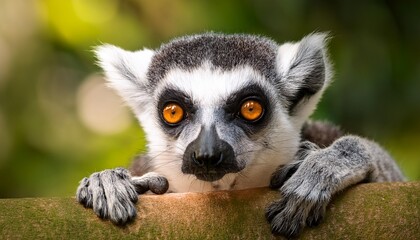 Obraz premium Lemur Detailed And Close Up Potrait In Green Tree Forest Habitat Background