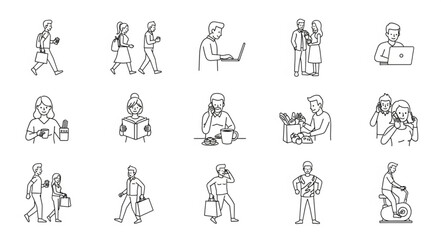 Collection of hand drawn people sketches in various poses and activities.