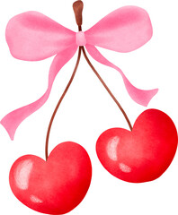 Red Cherries with Pink Bow, Watercolor