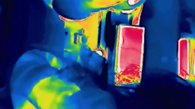 The driver behind the wheel of the car drives into the night .Image from thermal imager device.. Vertical video
