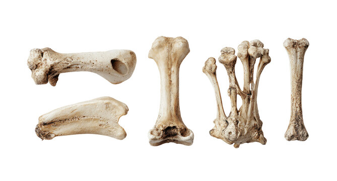 Close-up of several different animal bones.  Various shapes and sizes of light beige bones are displayed,