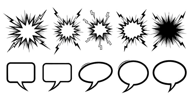 Collection of comic book style speech bubbles and explosion shapes for communication and action.