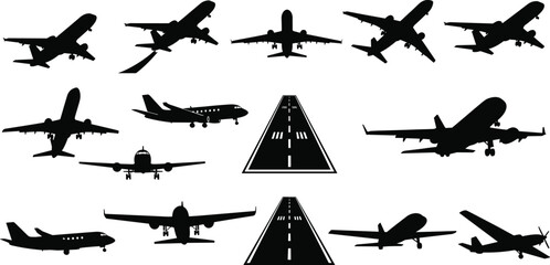 Airplane and runway silhouette icon set, aviation graphic, aircraft types, flight operation, airport layout, vector illustration, black pictogram, travel © MDMAHOMUDUL