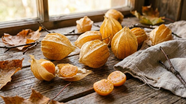 Golden groundcherries displayed on a rustic wooden surface near a window