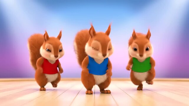 Animated squirrels synchronized dance performance in colorful shirts, cute and whimsical cartoon style, on stage with bright spotlights backdrop