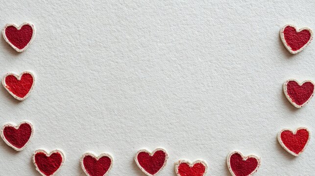 Red glitter heart border on white felt for Valentine Day greeting card background. Love and romance concept for holiday design.