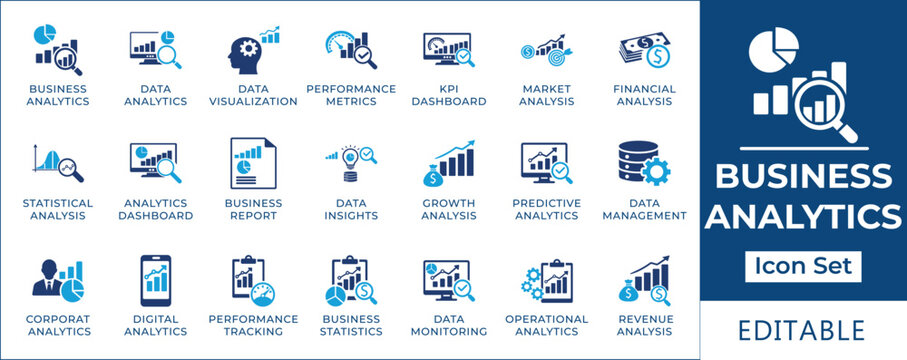 Business analytics icon set featuring data visualization, KPI dashboard, performance metrics, financial analysis, predictive analytics, and corporate growth tracking symbols.