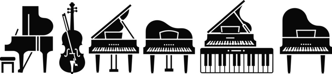 Grand piano and cello silhouette illustration set showing classical musical instruments, concert piano variations isolated on white background © Bappi Creatives