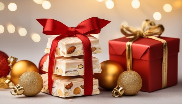 Pila De Turrones De Almendra Atados Con Lazo Rojo Junto A Regalos Y Bolas Doradas M Bodegon Festivo De Navidad