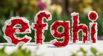 Floral Alphabet Display - E, F, G, H, I in a Garden Setting.
