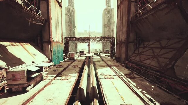 abandoned futuristic transit corridor in sunlight, cinematic journey along empty rails through concrete canyon, rusted pipes and graffitistreaked walls, parked
