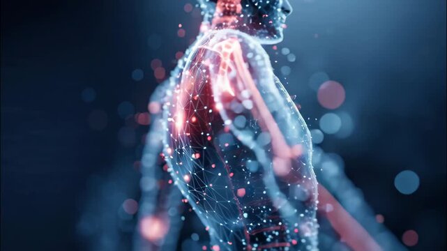Futuristic Digital Human Representation with Glowing Data Particles and Dynamic Motion in Tech Environment
